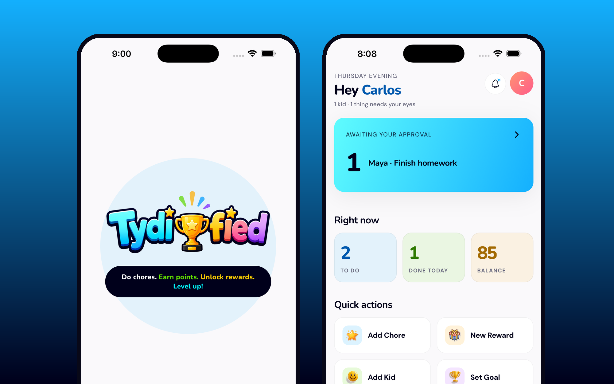 The Tydified welcome screen and parent home dashboard